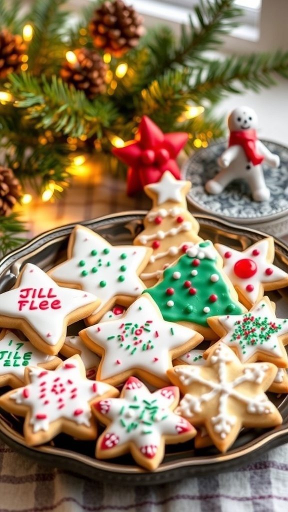 Gluten-Free Christmas Sugar Cookies Recipe A platter of decorated gluten-free Christmas sugar cookies in festive shapes, surrounded by holiday decorations.